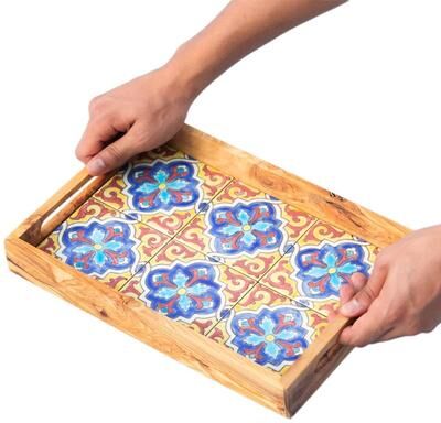Kamsah Large Olive Wood Serving Tray, Ceramic Tile Accent, Ergonomic Handles