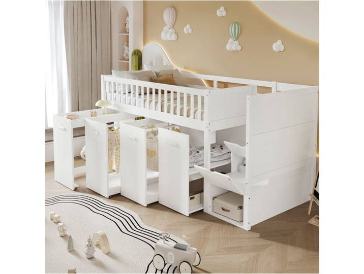 Lit mezzanine multifonction - Blanc - Bureau amovible rangements intégrés - 90x200 cm