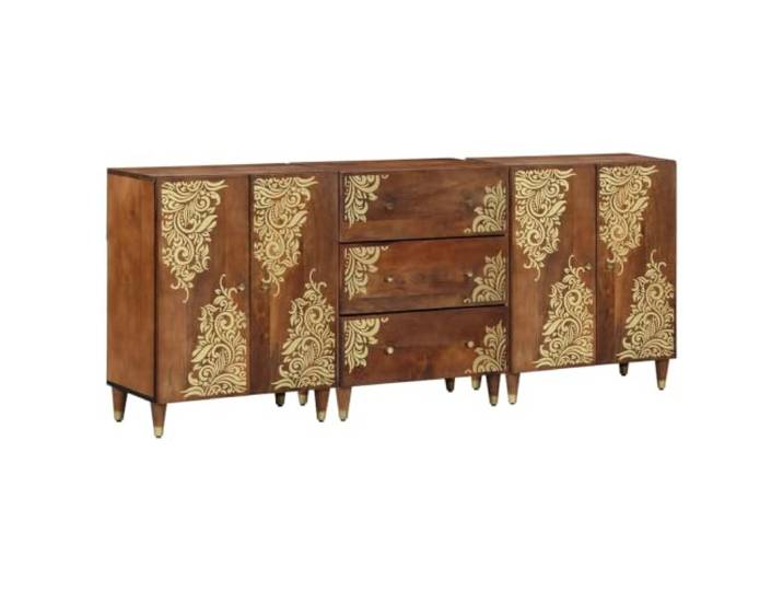 HGFDVCMR Badschrank-Set 3-Teilig aus Mangoholz Wandmontage Honigbraun Stilvolles 3er Sideboard Set aus meisterhaft verarbeitetem Mangoholz mit elegantem Goldsiebdruck für Bad und Flur.