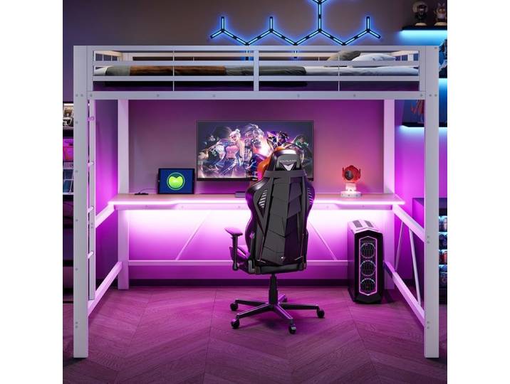 Luscriate - Lit Mezzanine 140x200 Lit Métal avec LED chargeur USB Bureau Sécurité Moderne - blanc