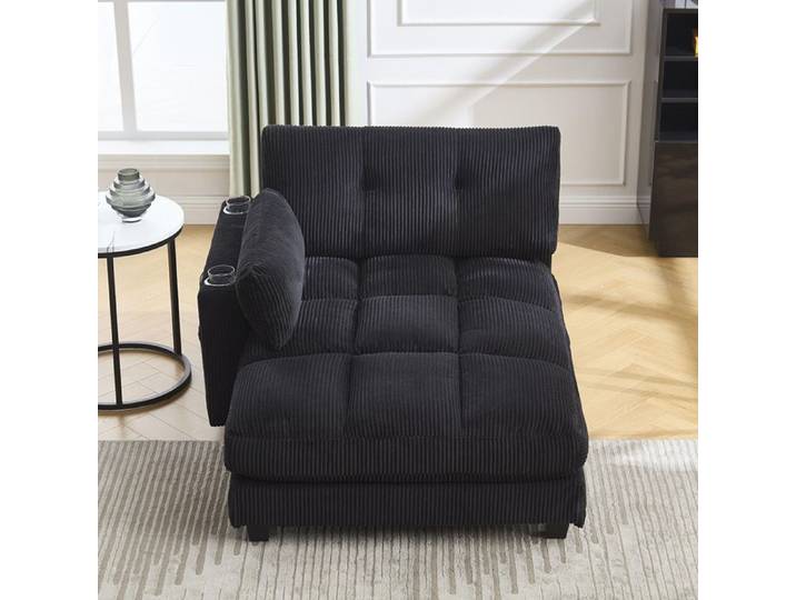 Fauteuil avec coussins rayés moelleux accoudoirs roulants et poche latérale Noir