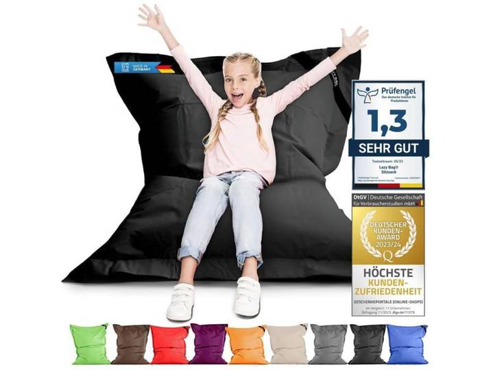 LAZY BAG Pouf géant Original 250 litres 160x120 cm Noir Fauteuil pour enfants et adultes usage intérieur et extérieur