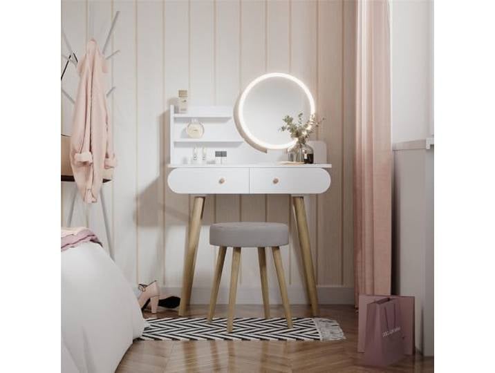 Vicco Schminktisch Edda, Weiß 80 cm LED-Spiegel · Hocker · 2 Schubladen · Freistehend · Runder Aufsatzspiegel