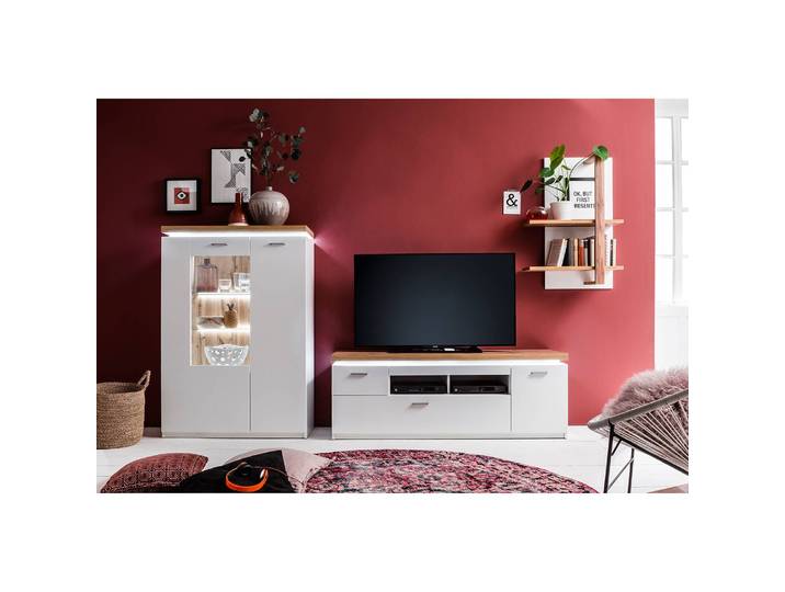 Wohnwand II 3-teilig Front & Korpus: Spanplatte, beschichtet Rückwand: HDF Hochdichte Holzfaserplatte , beschichtet Griffe: Metall, lackiert