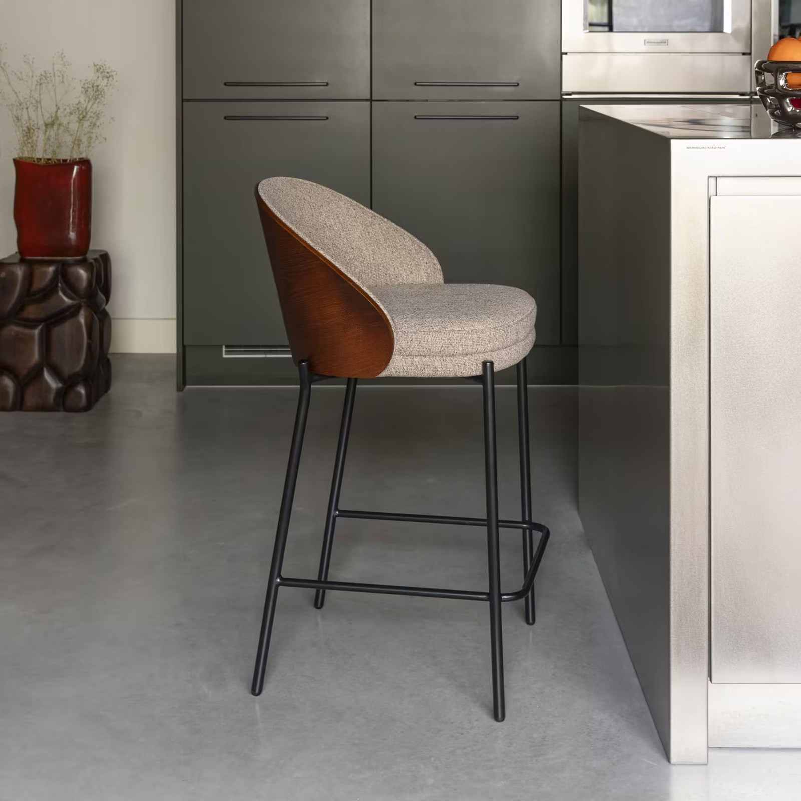 Dutchbone Barkruk Rodin Essenhout en stof - Beige - Zithoogte: 65 cm