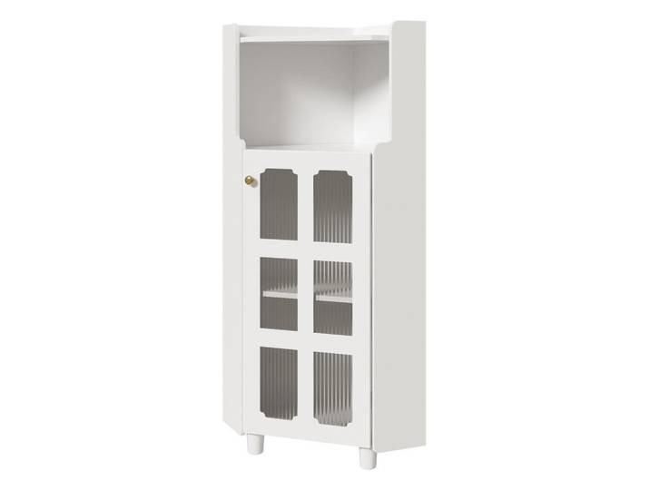 Modfu Led-Eckschrank 63.5x16.5x124 cm Weiß aus Spritzglas mit App-LED & 2-in-1 Stauraum, 63.5x124x16.5 cm, Esszimmer, Vitrinen, Vitrinenschränke