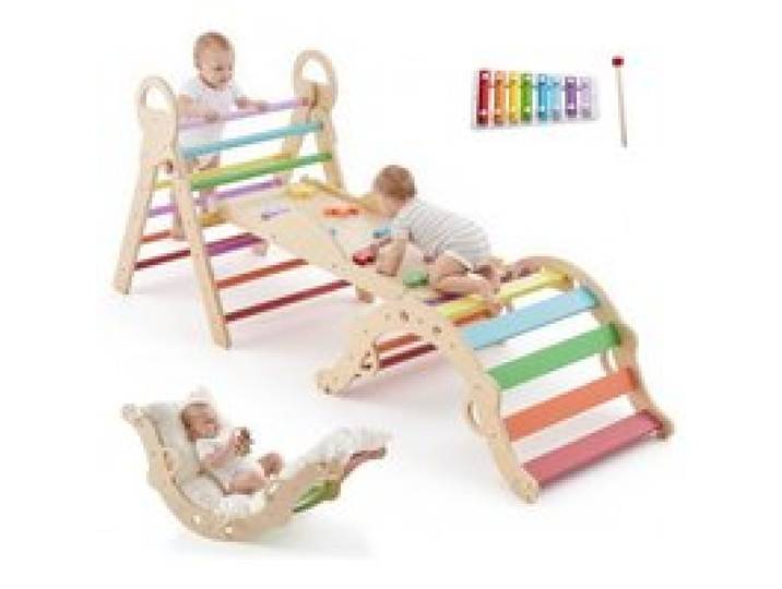 VEVOR Triangle d'Escalade 9 en 1 en Bois, Triangle de Pikler avec Xylophone, Coussin, Triangle, Arche et Rampe, Parcours Motricité Intérieur Montessori pour Bébé et Enfants, 68 kg Max, Multicolore