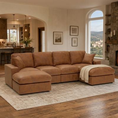 Modern Faux Leather Sectional Sofa with Cloud-Like Cushions & Two Ottomans by GDFStudio