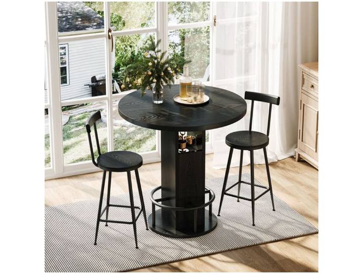 COVREO Ensemble table de bar 3 pièces ronde 80 cm avec 2 tabourets rangement intégré noir