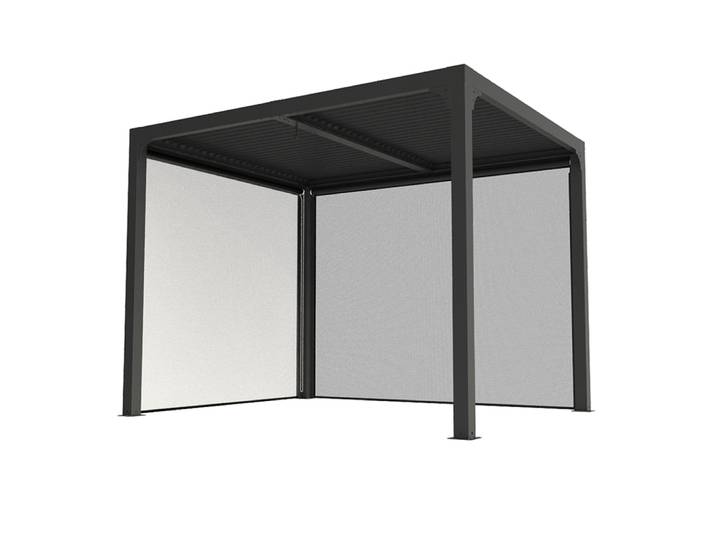 Pergola bioclimatique ALUMINIUM balcon et terrasse coloris gris anthracite avec rideau manuel coloris gris pour côté 3 m et rideau manuel coloris gri