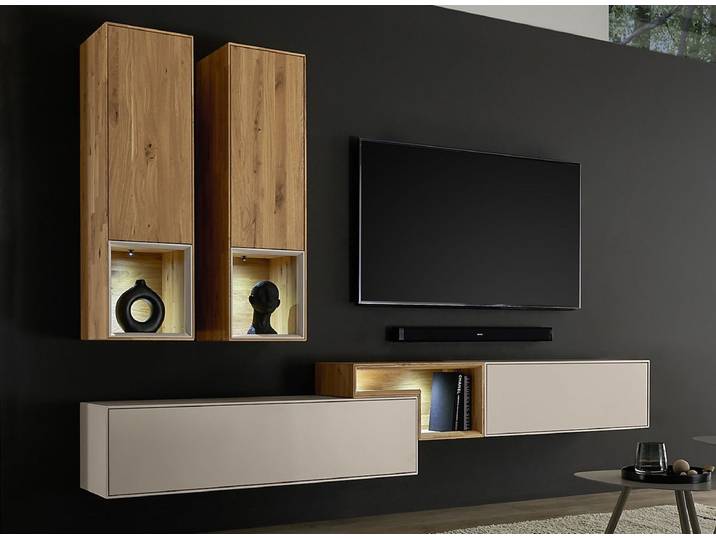 Wohnwand II 285cm 'Locarno' Wildeiche massiv & MDF creme inkl.Beleuchtung