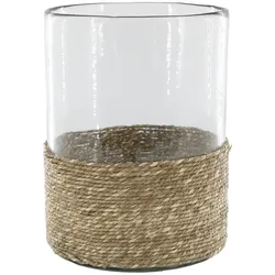 Chic Antique Windlicht mit geflochtenem Boden, Glas, H26, Ø19 cm