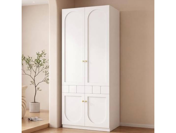 Kinderkleiderschrank Weiß 80×50×200cm mit Kleiderstange und Schubladen Kinderschrank aus Holzwerkstoff mit Lack-Oberfläche, Metallgriffen, Doppeltüren, Kleiderschrank Kinderzimmer