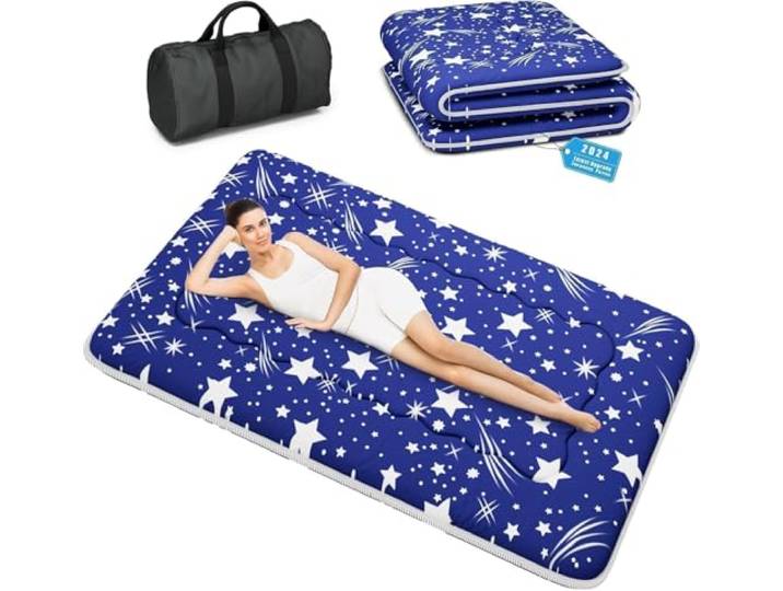 Kiseely Japanische Futon-Matratze, Faltbare Tatami-Matte, tragbare Schlafunterlage mit Tasche und Gurt, Bodenmatratze, verdickte Schlafmatratze, Camping-Matratze (Blau YU1,150X200cm)