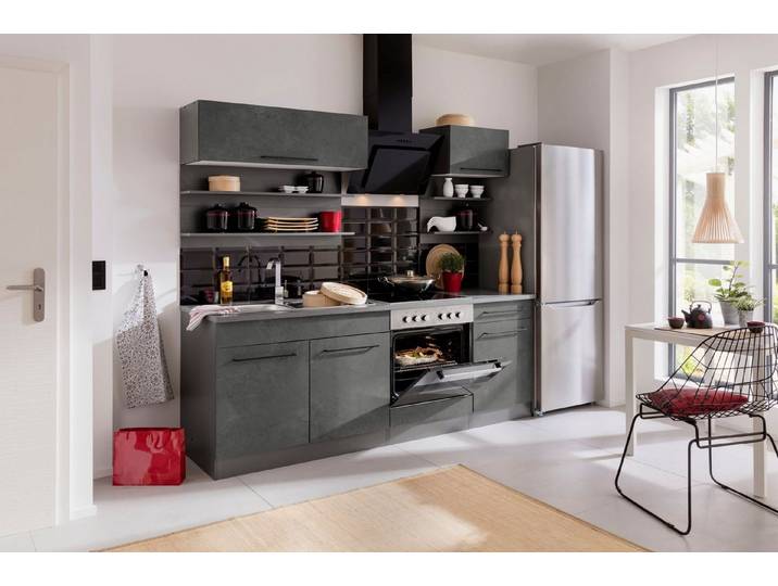 KOCHSTATION Küchenzeile KS-Tulsa, Breite 210 cm, schwarze Metallgriffe, hochwertige MDF Fronten