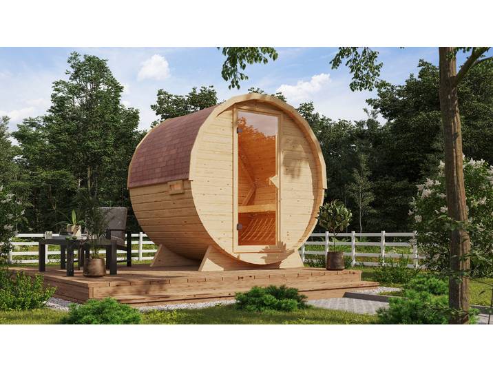 Fasssauna KARIBU naturbelassen mit Ofen 9 kW integr. Strg. , beige (naturbelassen), Saunaofen, (ohne Ofen), Saunen, Fasssauna, Ofen 9 kW integr. Strg