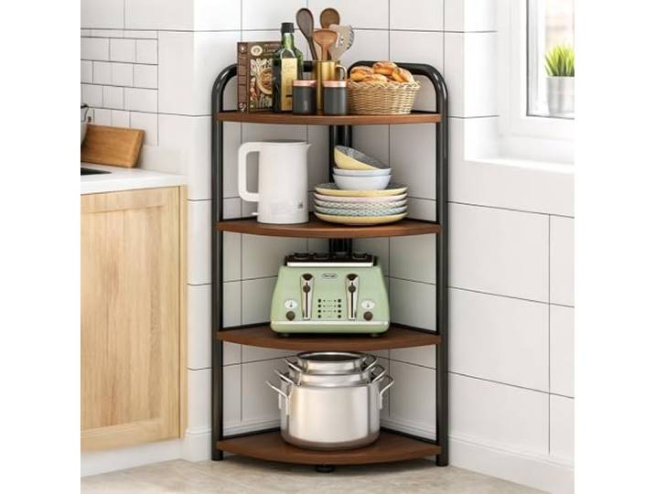 Cedario Eckregal Stehend, Corner Shelf, Küchen Regal mit Metallrahmen, Eckregal Holz platzsparend, Küchen Standregal für Küche, Badezimmer und kleine Räume