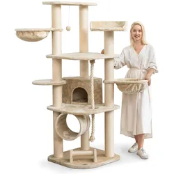 HAPPYPET Kratzbaum für Katzen groß 181 cm hoch - Stabiler Kletterbaum Katzenbaum, dicke Stämme mit 11 cm, Haus & Spieltunnel, große Liegemulden, Spietau mit Kratzrolle   Beige