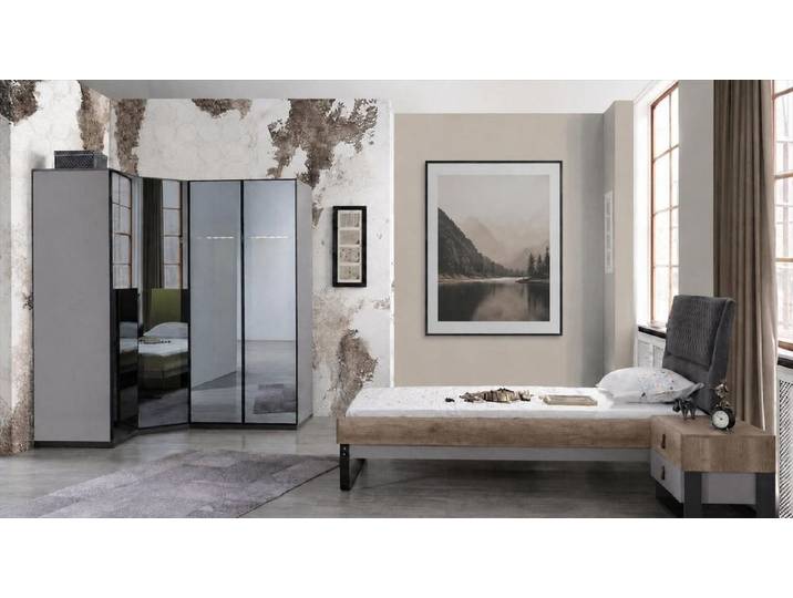 Xlmoebel Jugendzimmer-Set Schlafzimmer Set Bett Kleiderschrank Nachttisch Grau Design, (Schlafzimmer-Set, 4-tlg., 3-tlg)