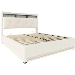 POLSTERBETT samt beige 160x200 cm mit led-beleuchtung, usb-c & stauraum-kopfteil