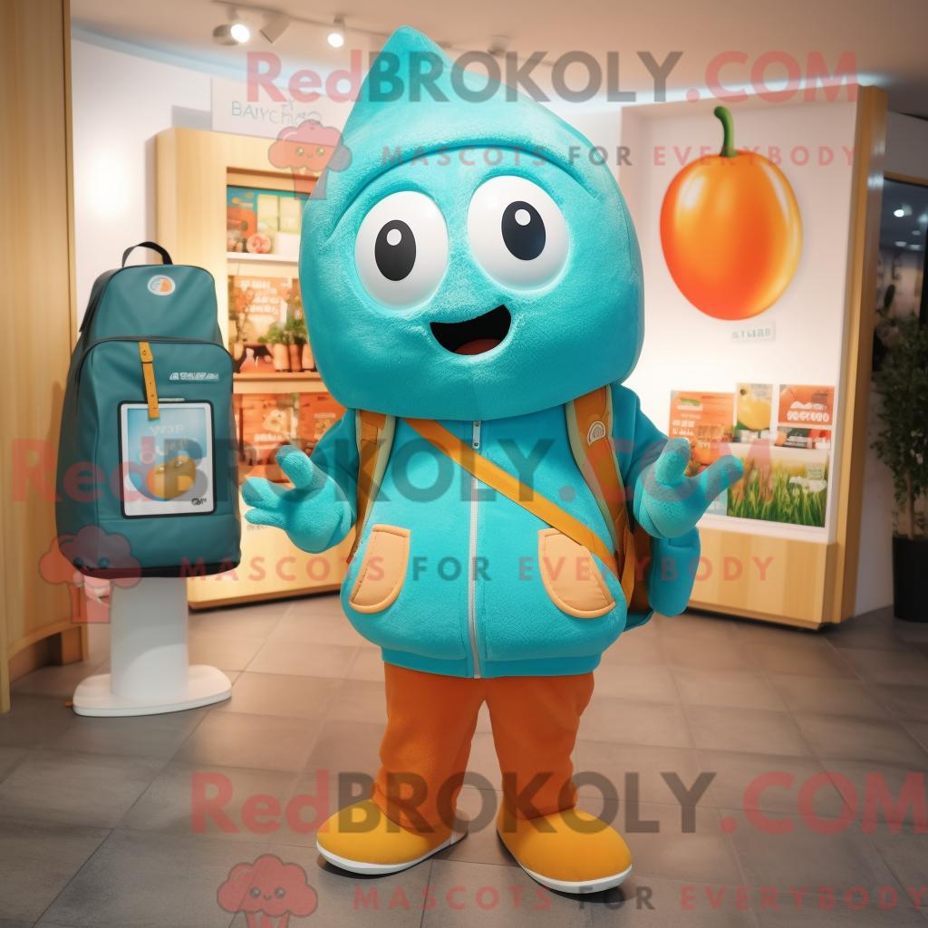 Maskottchen-Charakter REDBROKOLY einer türkisfarbenen Aprikose mit Kapuzenpullover und Aktentasche