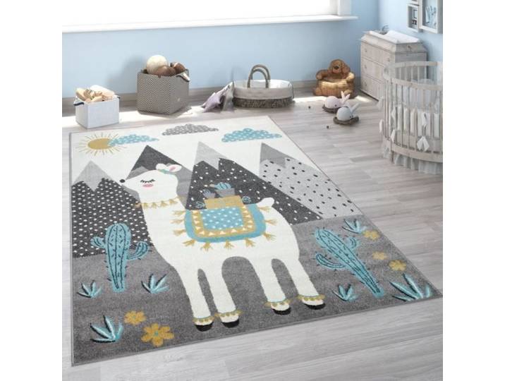 Tapis Pour Enfant Poils Ras Pour Chambre D'Enfant Lama Montagnes Motif Enfants Coloré Gris [80x150 cm]