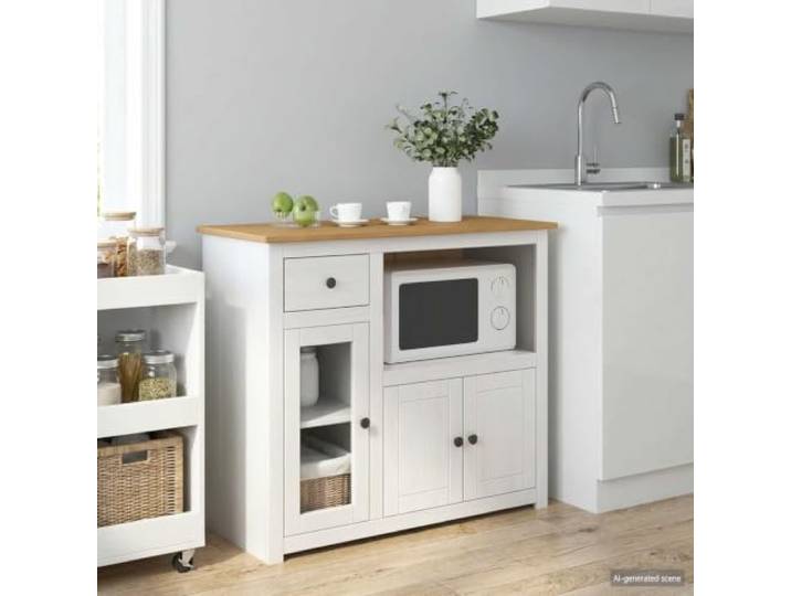TUERYAFEK Mikrowellen-Sideboard Panama Weiß Honigwachs Massiv-Kiefer Massivholz Kiefer, Weiß Honigwachs, Glastüren, Schubladen, Fächer, Mikrowellenunterlage, Vorratsorganisator,