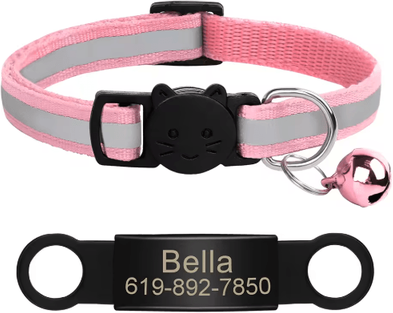 Inspire Picks Personalized Reflective Cat Collar With Engraved ID Nameplate & Bell pink 341