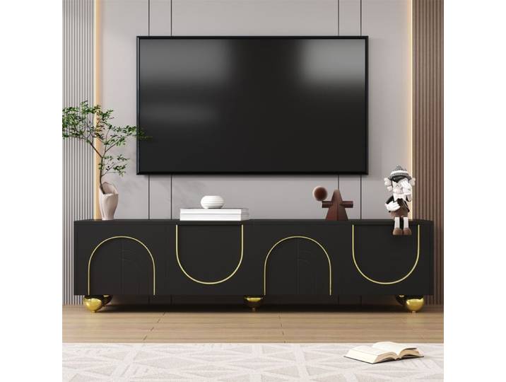 Merax Meuble TV Design Luxe avec Portes Texturées Poignées et Pieds Dorés Banc TV Noir