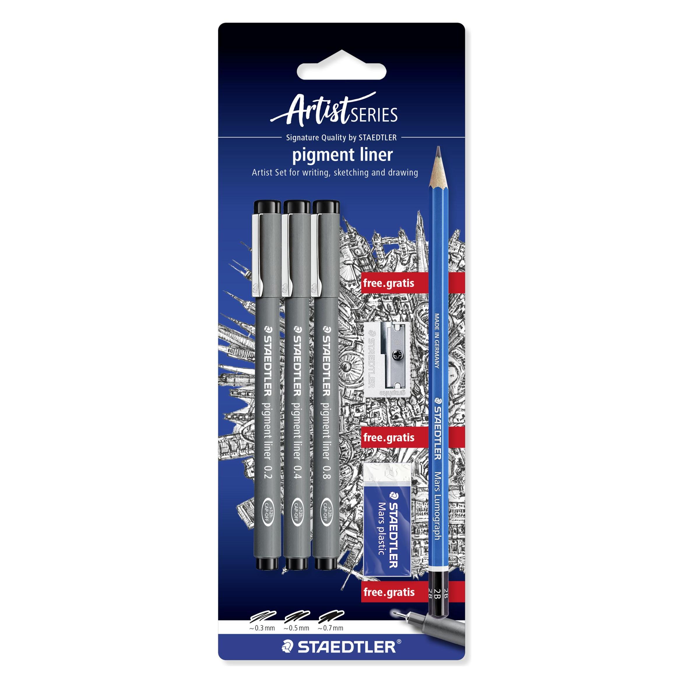 Staedtler pigment liner 308 Set inkl. gratis Bleistift Radierer Spitzer (3x) (308 SBK3P)