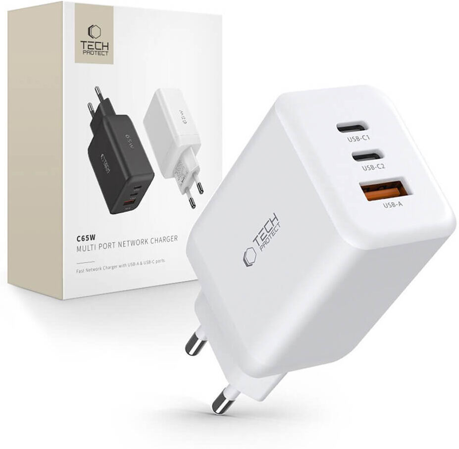 Tech-Protect C65W 3-porttinen Verkkolaturi, 65W, Valkoinen