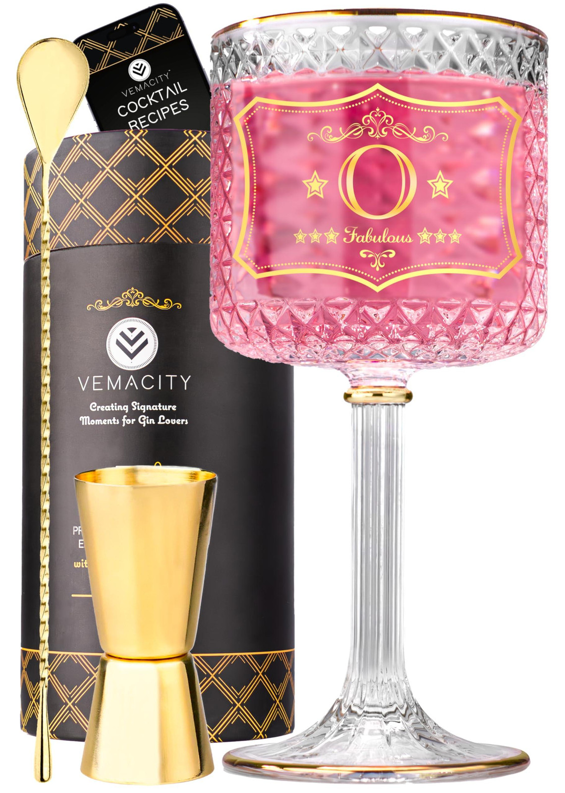 Dripio Gepersonaliseerd gin-glas met gouden rand en maatbeker cadeau set voor dames