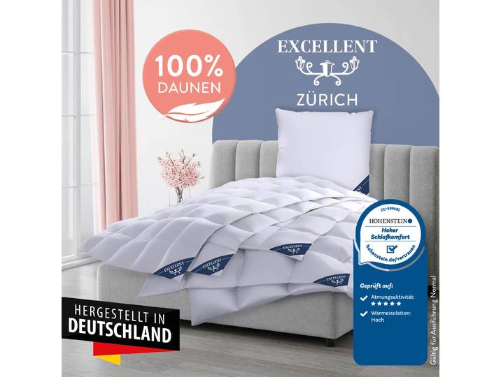 Daunenbettdecke EXCELLENT Zürich, Bettdecke normal mit Bestnote Hoher Schlafkomfort bewertet. , weiss (weiß), B:135cm L:200cm, Bezug: 100% Baumwolle. Füllung: 100% Daunen, Bettdecken, Daunenbettdecke, Bettdecke 135x200 cm, 155x220cm und weitere Grössen, Made in Germany