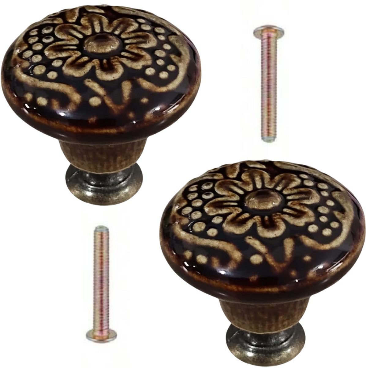 Winkrs Set van 2 ronde keramische kastknoppen met bloemmotief in bruin - Vintage meubelknoppen voor deuren en laden