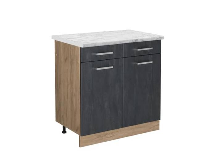 Vicco Küchenunterschrank R-Line, Schwarz Beton, 80 cm 2 Schubladen · Arbeitsplatte Marmor · Höhenverst. Füße · 2 Türen · Leichter Zugriff