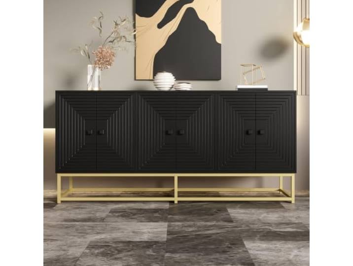 LOBO OFFICE Sideboard schwarz matt mit Relief‑Türen,3 Stauraumfächer Quadratisches Relief‑Muster auf den Türen,Kratzfestige, fingerabdruckresistente Oberfläche,Hochwertige geräuschlose Metallsch