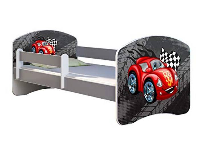 ACMA Kinderbett Jugendbett mit Matratze Grau mit Rausfallschutz Lattenrost II Spielbett Kinderzimmer Möbel (05 Rote Auto, 160x80)