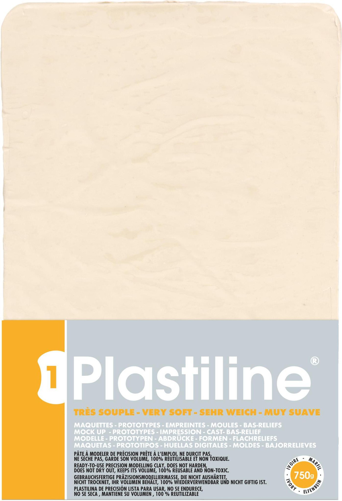 Plastiline boetseerklei, 750 gram, hardheidsgraad 1 (zeer zacht), kleur: ivoor