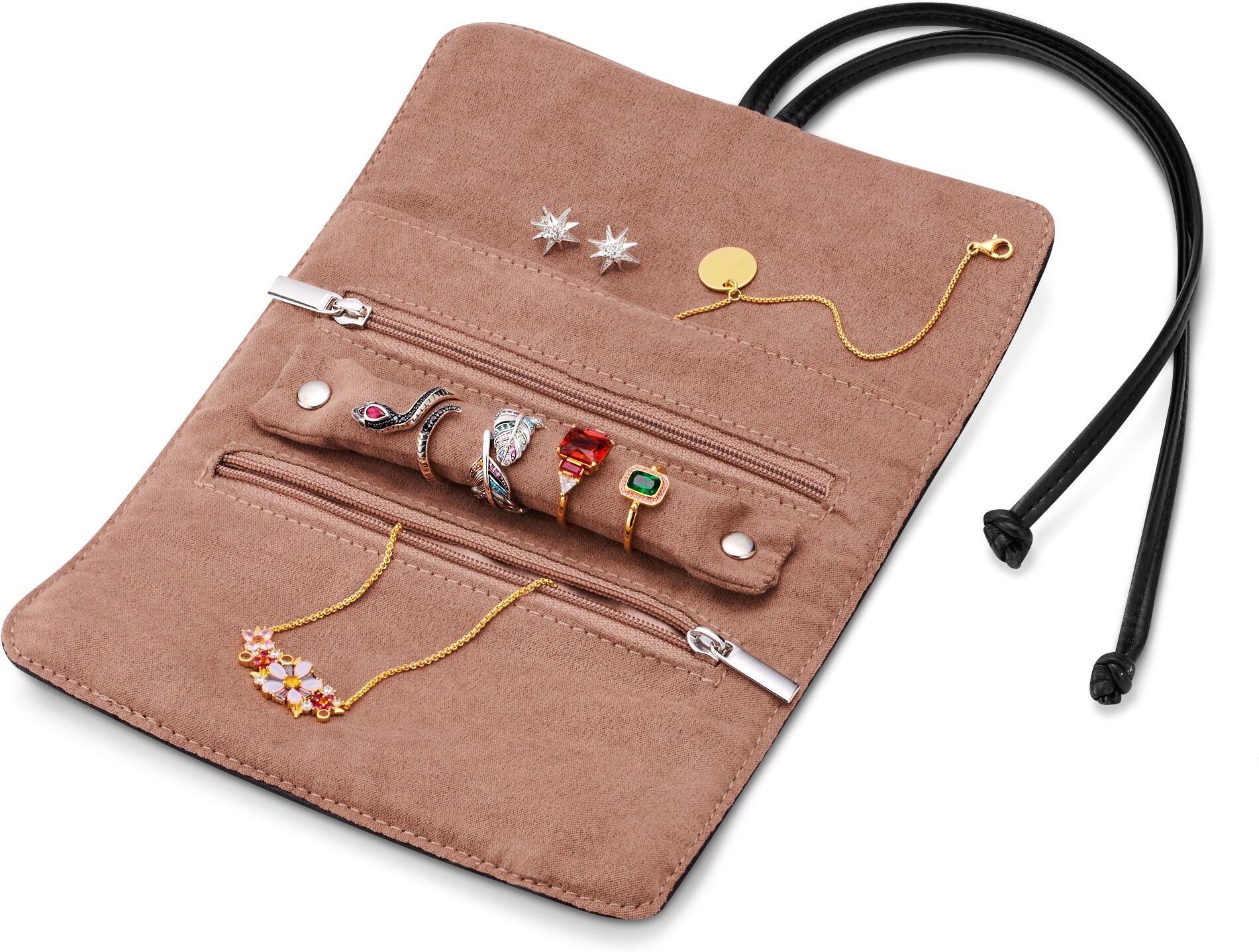 Schmuckrolle THOMAS SABO "schwarz, Reiseetui, Schmuckaufbewahrung, Geschenk, CASE006", braun (schwarz, beige), Aufbewahrungsboxen, Kinder, 2 Stk., Kunstleder, matt, Schmuckrolle