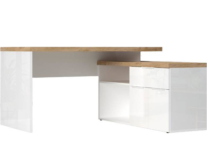 Eckschreibtisch HOME AFFAIRE Easy, Computertisch – 38 mm Platte, perfekt fürs Büro & Homeoffice , weiss (weiß hochglanz lack, eiche cadiz dekor, weiß hochglanz lack, eiche cadiz dekor), B:138cm H:74cm T:68cm, Tische, Eckschreibtisch, Breite/Tiefe 138/132 cm, Schubkasten mit Selbsteinzug u. Dämpfung