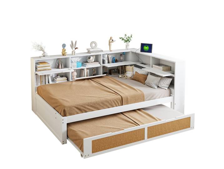 Flieks Schlafsofa 140x200 Holz Ausziehbett Staufächer Ladeanschluss Weiß, 140x200 cm, Schlafzimmer, Betten