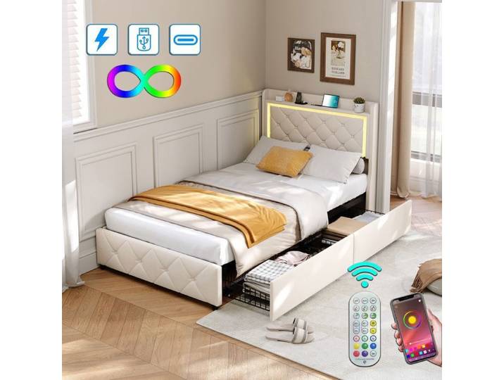 Lit double - LUMINARIX - Coffre 90x200 cm - Éclairage LED - 2 tiroirs - Velours beige