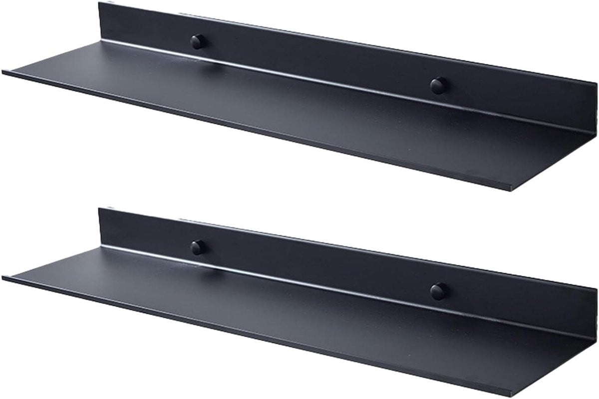 Zwarte metalen zwevende wandplank voor decoratie en opslag met een smal ontwerp