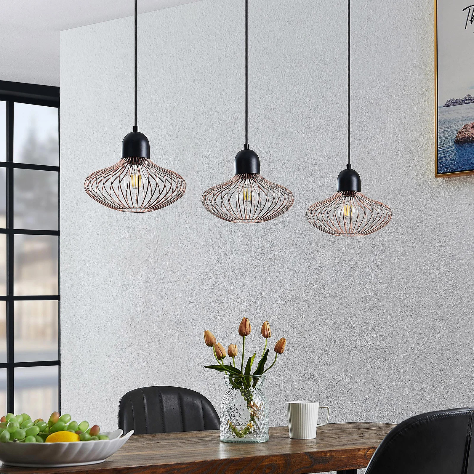 Lindby Justinos Hanglamp - Set van 3 - Zwart/Koper - Metaal