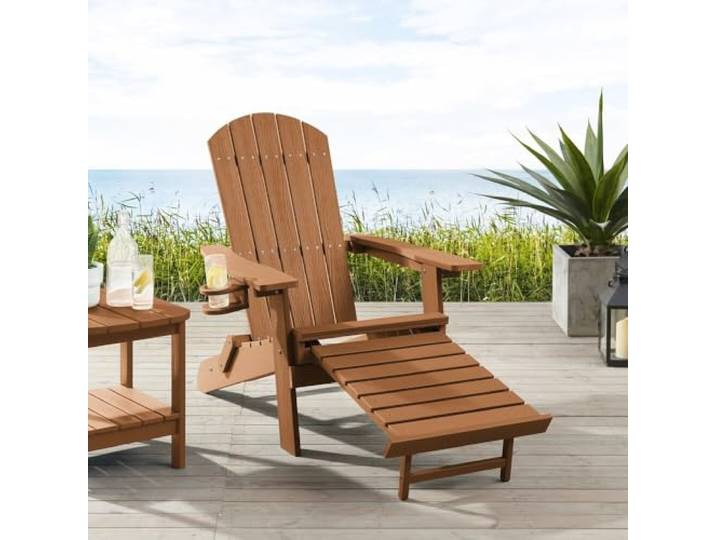 Adirondack Loungesessel Arizona, Mit Fußschemel, Getränkehalter, HIPS Kunststoff, Holz-Optik - für Balkon, Terrasse, Rasen, Kamin (Hellbraun)