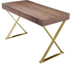 Benjara Ada Office Desk, 2 Drawers, Walnut Brown, Gold X Steel Legs, 47 Inch