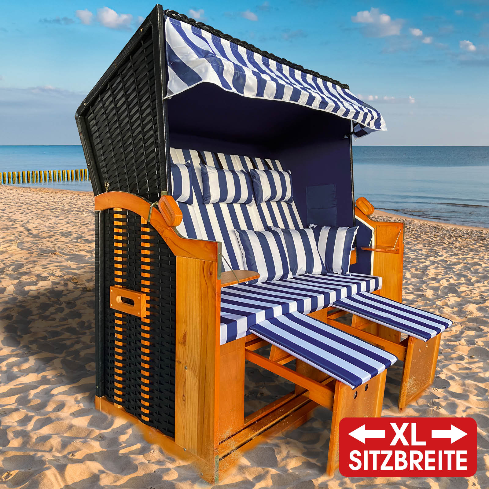 Brast XL Strandkorb 3-Sitzer OSTSEE blau/weiß gestreift