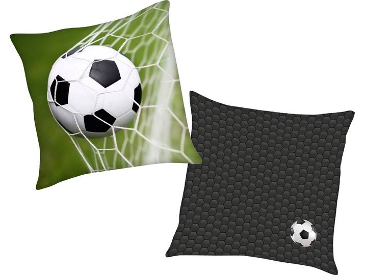 Dekokissen Fussball , grün (grün, bedruckt), B:40cm L:40cm, Polyester, HERDING YOUNG COLLECTION, Dekokissen_Sitzkissen_Kissenhüllen, Dekokissen, mit tollem Fussball Motiv