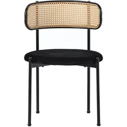 OKWISH Standard-Esszimmerstühle 6er-Set, Samt in Schwarz, mit Rattan-Rückenlehne, Metallbeinen und ergonomisch geschwungener Rückenlehne