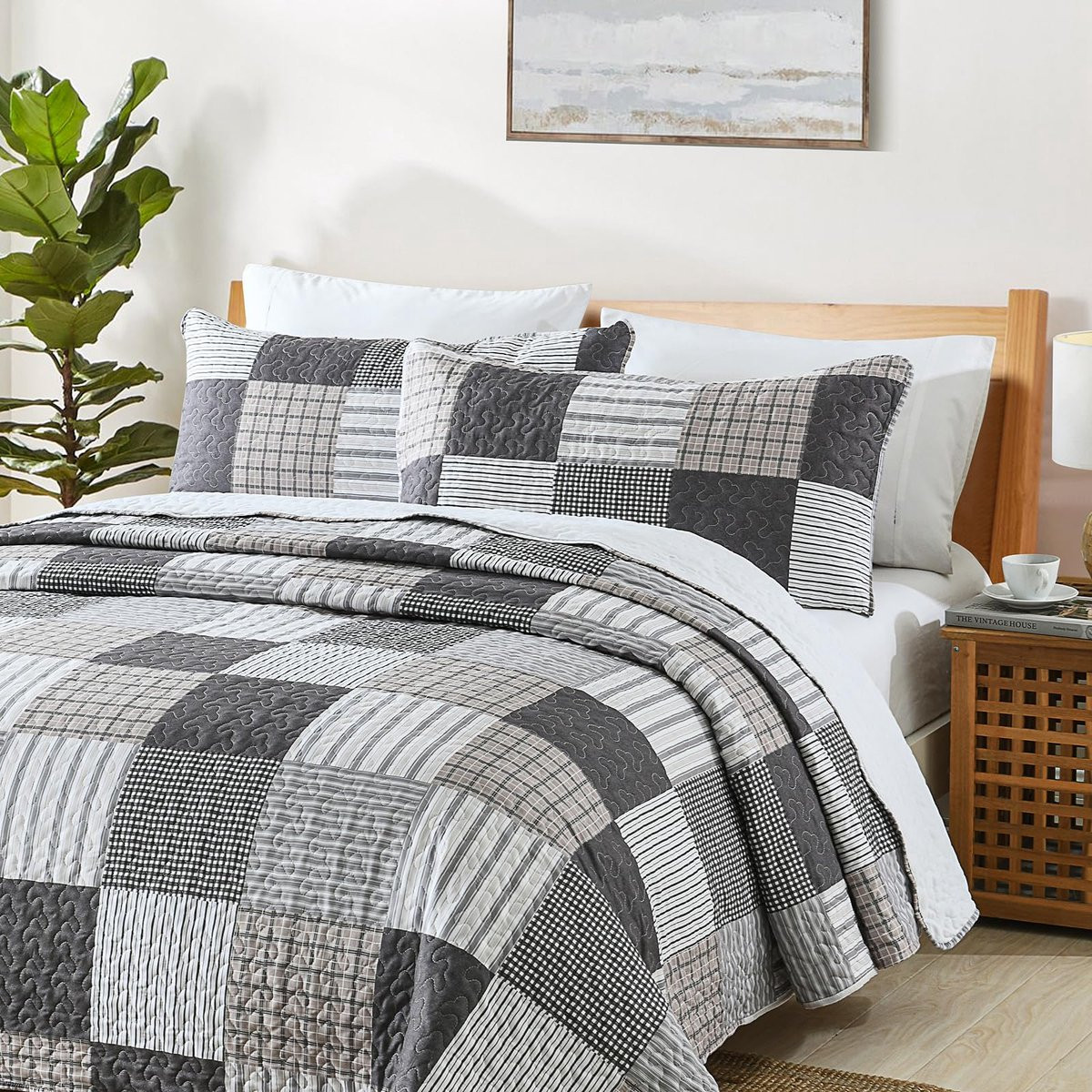 3-delige Patchwork Quilt Dekbedset King Size met 2 Kussenslopen - Grijs, Bruin en Wit